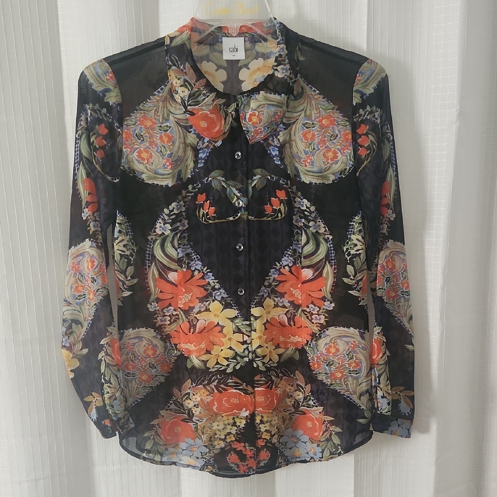 Cabi Size Small Shear Floral Top.Blue With a Bright Floral Pattern.